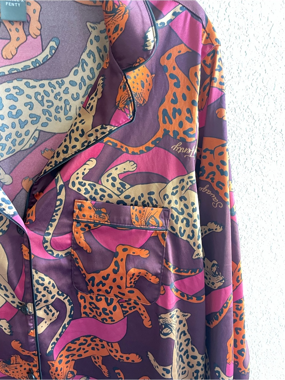 Fenty Two Piece Leopard Print Pajama Top and Pants in Purple and Pink